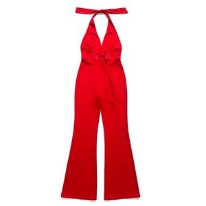 Vintage Y2K Hi Sense Halter Neck Flared Jumpsuit M Red Stretch Glam Festive